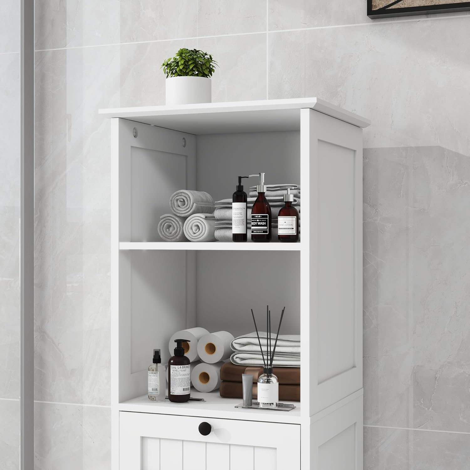 Compact Laundry Sorter Cabinet with Tilt-Out Basket Drawer White G8270