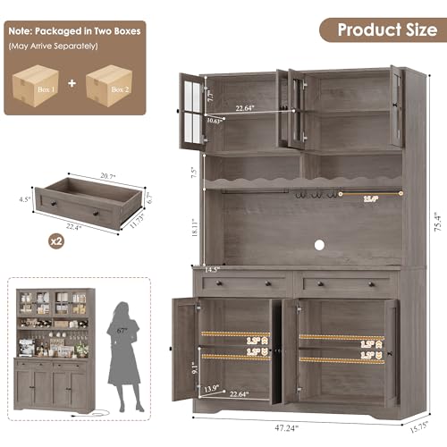 75.4" Tall White Kitchen Pantry Cabinet with Glass Doors and Drawers H780