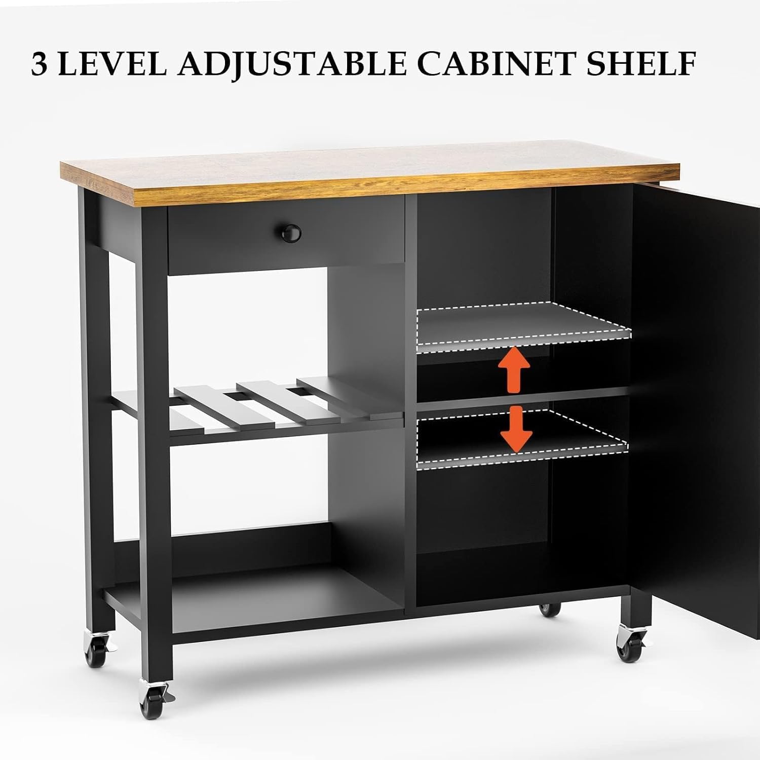 Black Wood Coffee Bar Cart with Storage Cabinet and Adjustable Shelves C3306