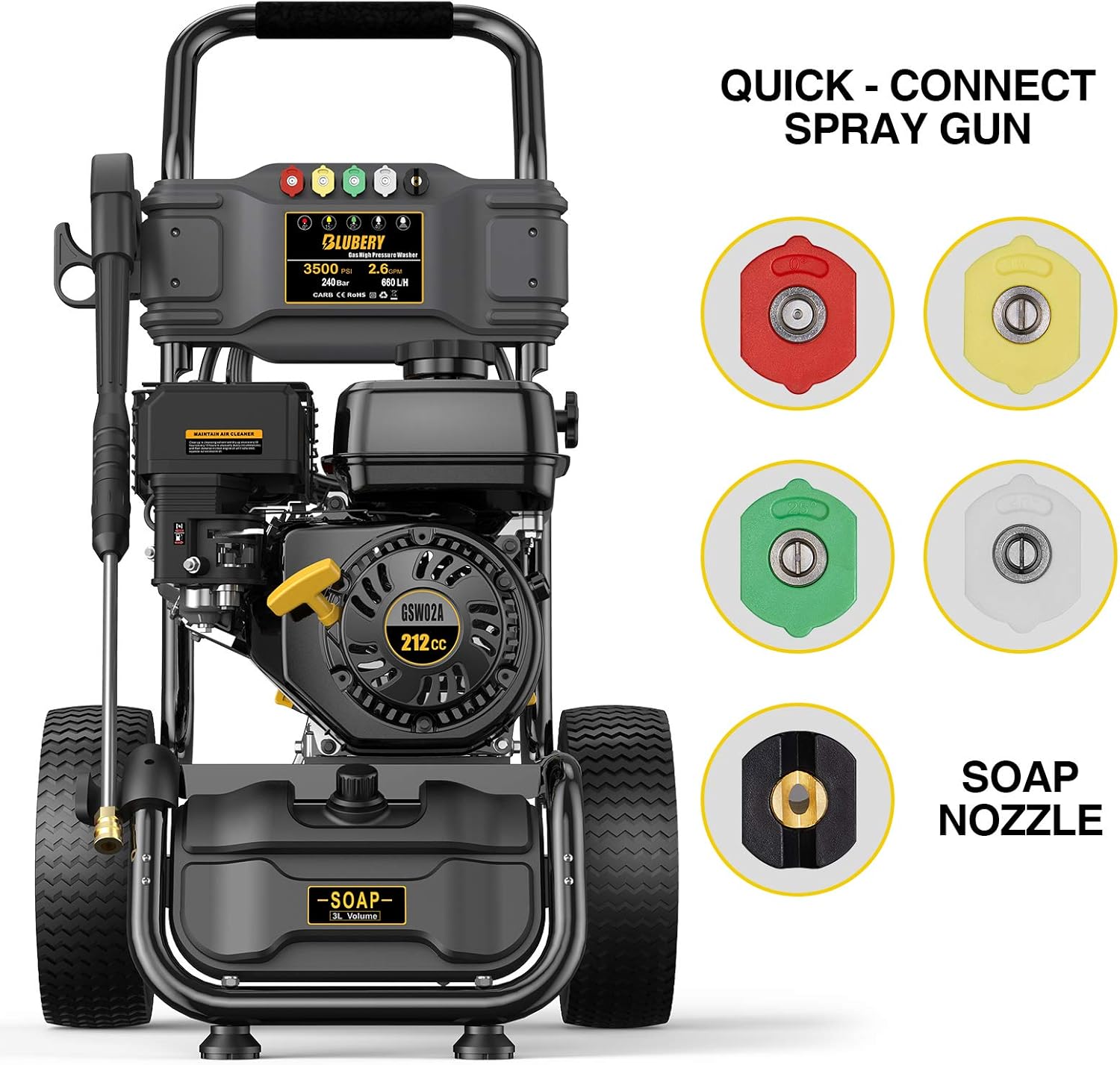 3500PSI Gas Pressure Washer 2.6GPM 212CC Power Washer with 50FT Hose and 5 Adjustable Nozzles N891472
