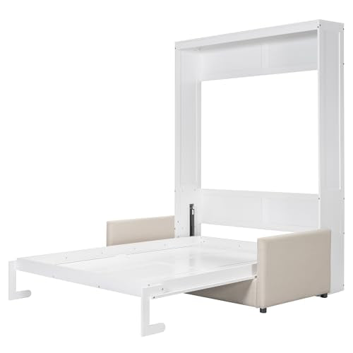 White Queen Size Wooden Murphy Bed with Cushion and Sofa Q89833
