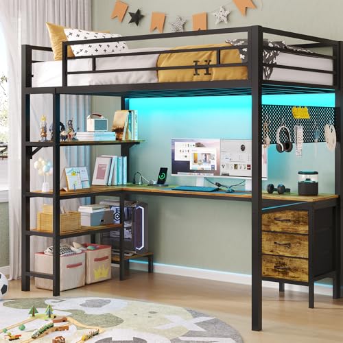Twin Metal Loft Bed with L-Shaped Desk, LED Lights, Charging Station, Fabric Drawers & Shelves, White O61100