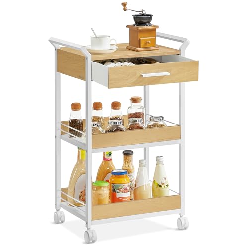 4-Tier Rolling Utility Cart with Table Top, Handles, Lockable Casters, Top Drawer, Mesh Shelves, Rustic Brown and Ink Black L185