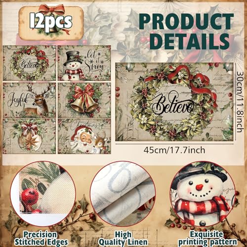 Christmas Placemats Set of 12, 12x18 Inch Linen Fabric Washable Table Mats P550311