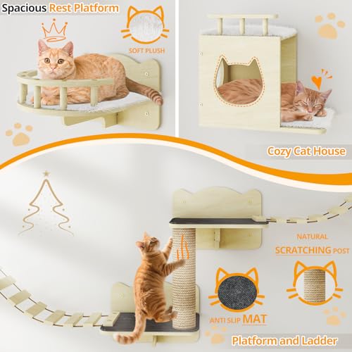 Wooden Wall-Mounted Cat Shelves with Scratching Post O719081