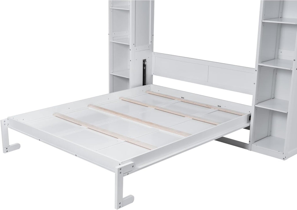 White Queen Size Wooden Murphy Bed with Shelves and LED Lights Z360166