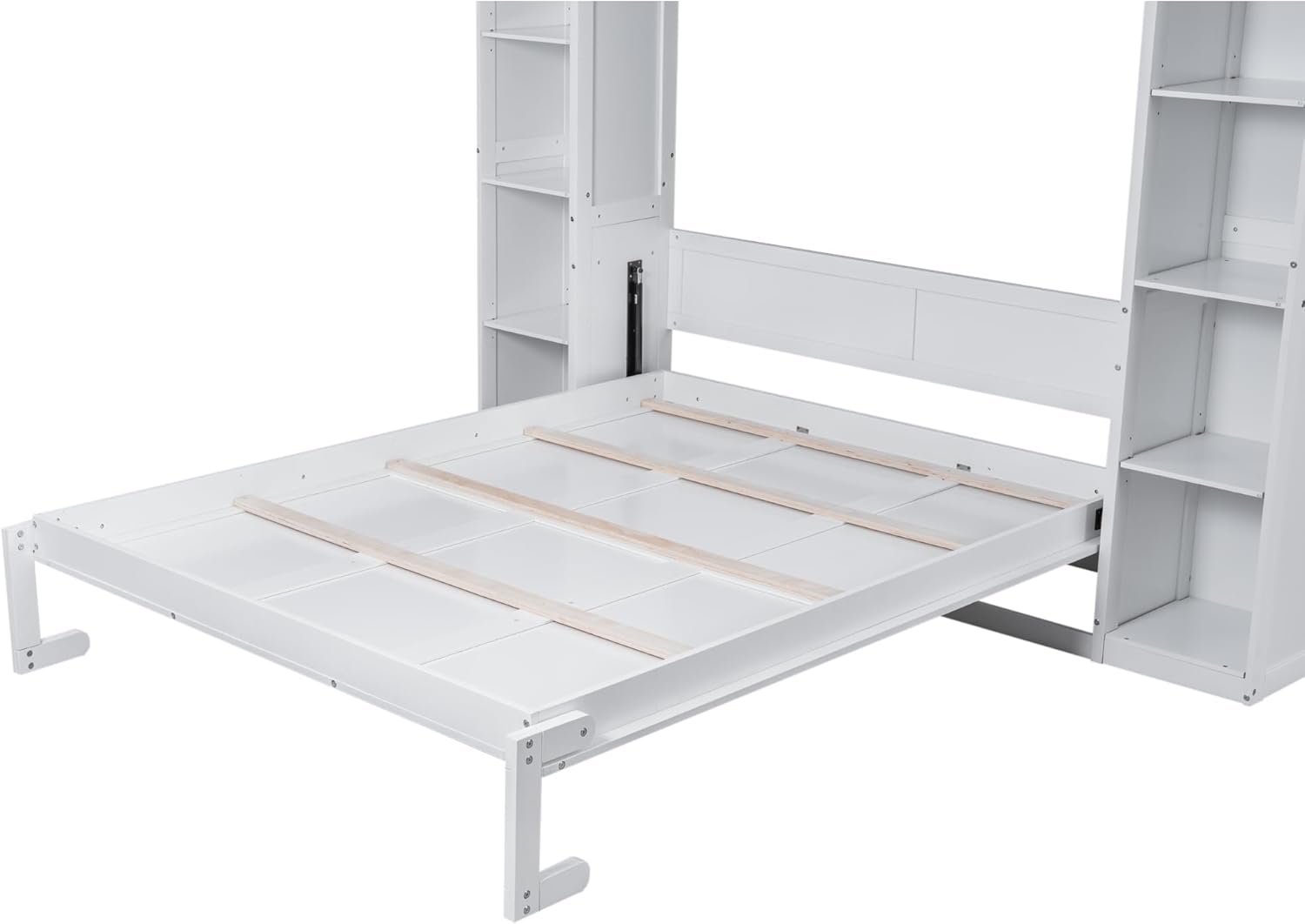 White Queen Size Wooden Murphy Bed with Shelves and LED Lights Z360166