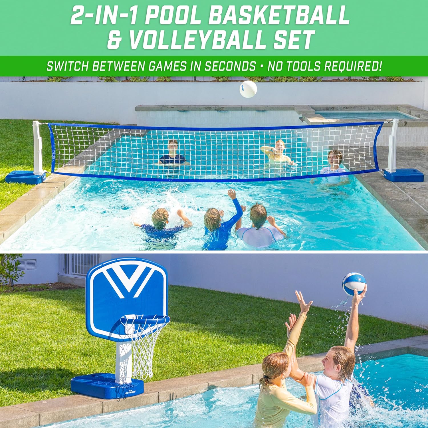 2-in-1 Pool Basketball Hoop & Volleyball Net Game Set C2260
