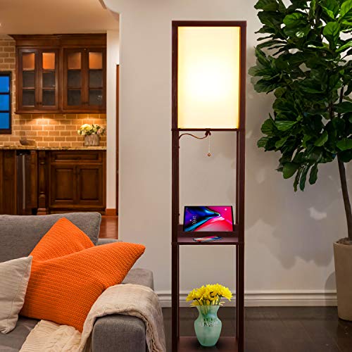 Black Shelf Floor Lamp with USB Ports and Shelves M5890