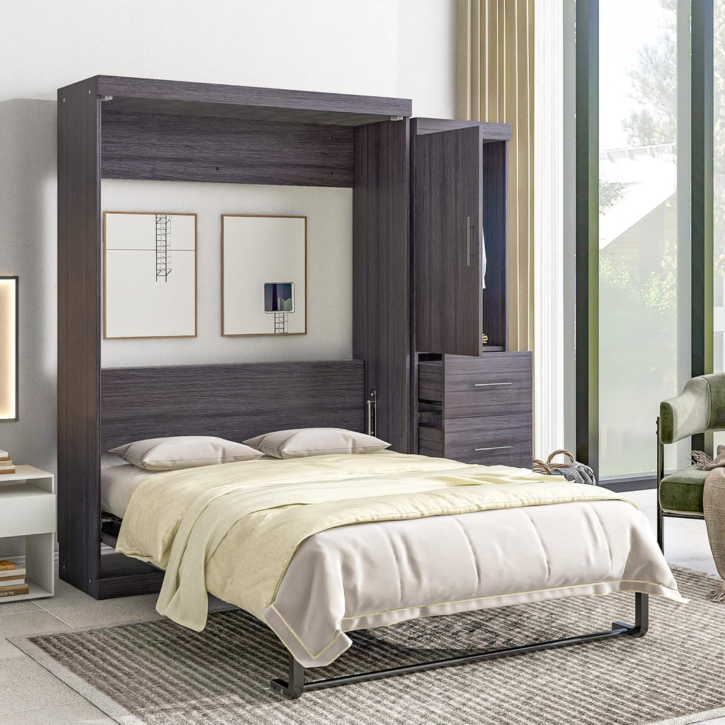 Gray Full Size Murphy Bed with Wardrobe and 3 Drawers T853257