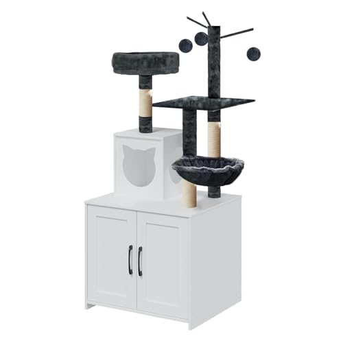 Grey Wood Cat Tree with Litter Box Enclosure A89987