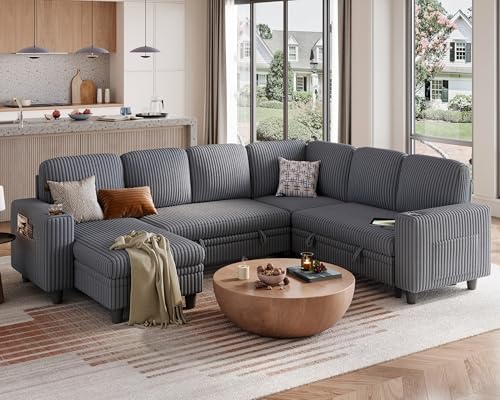 Grey Corduroy Sectional Sleeper Sofa with Pull Out Bed and Storage Chaise S505934