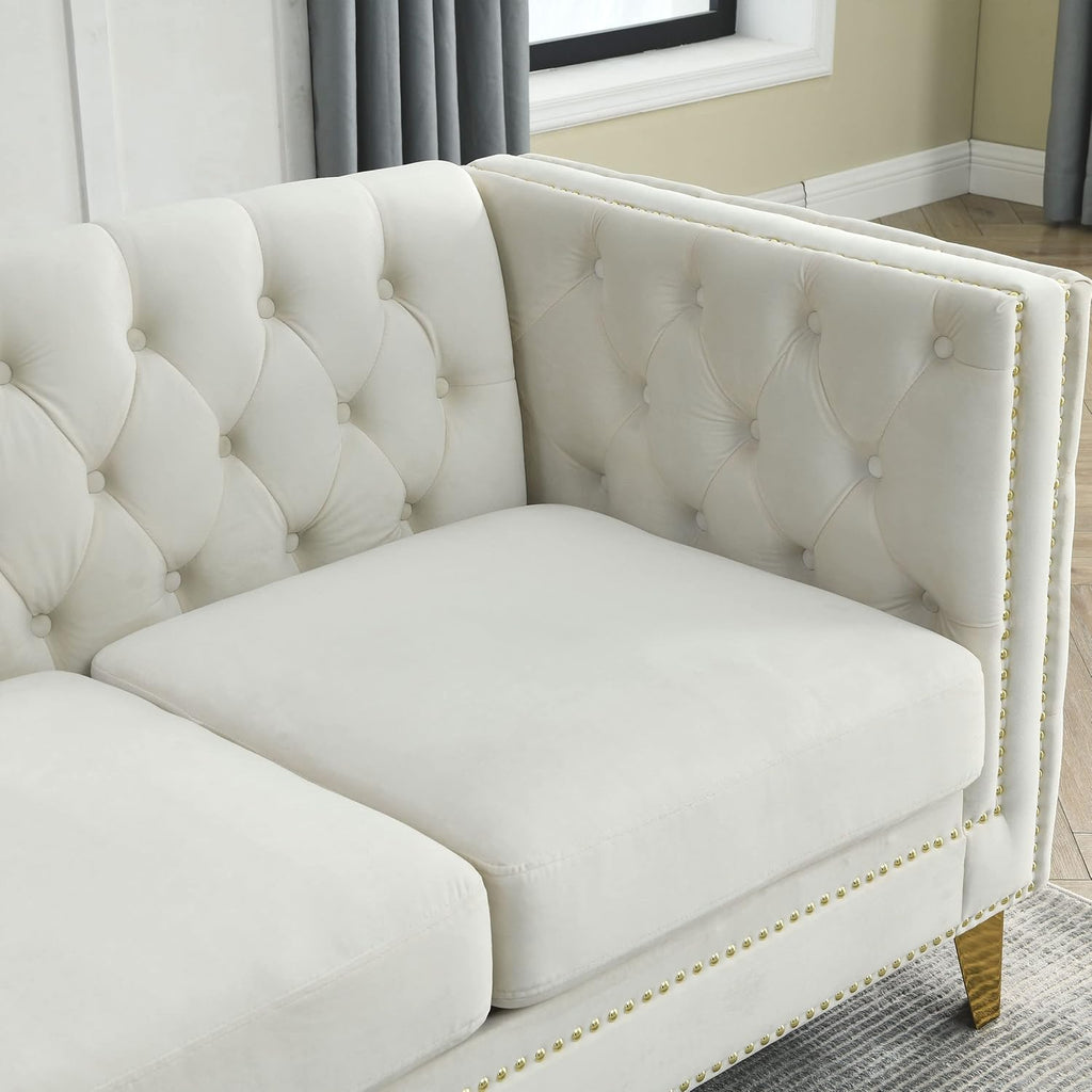 Beige Velvet L-Shaped Corner Sofa 5-Seater with 3 Cushions N6689
