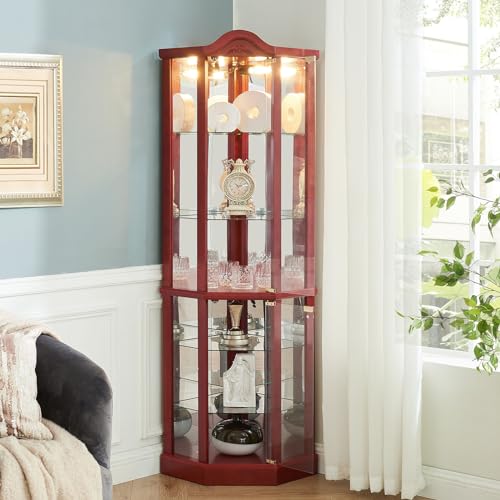 Cherry Glass Corner Curio Cabinet with 4 Adjustable Glass Shelves G400
