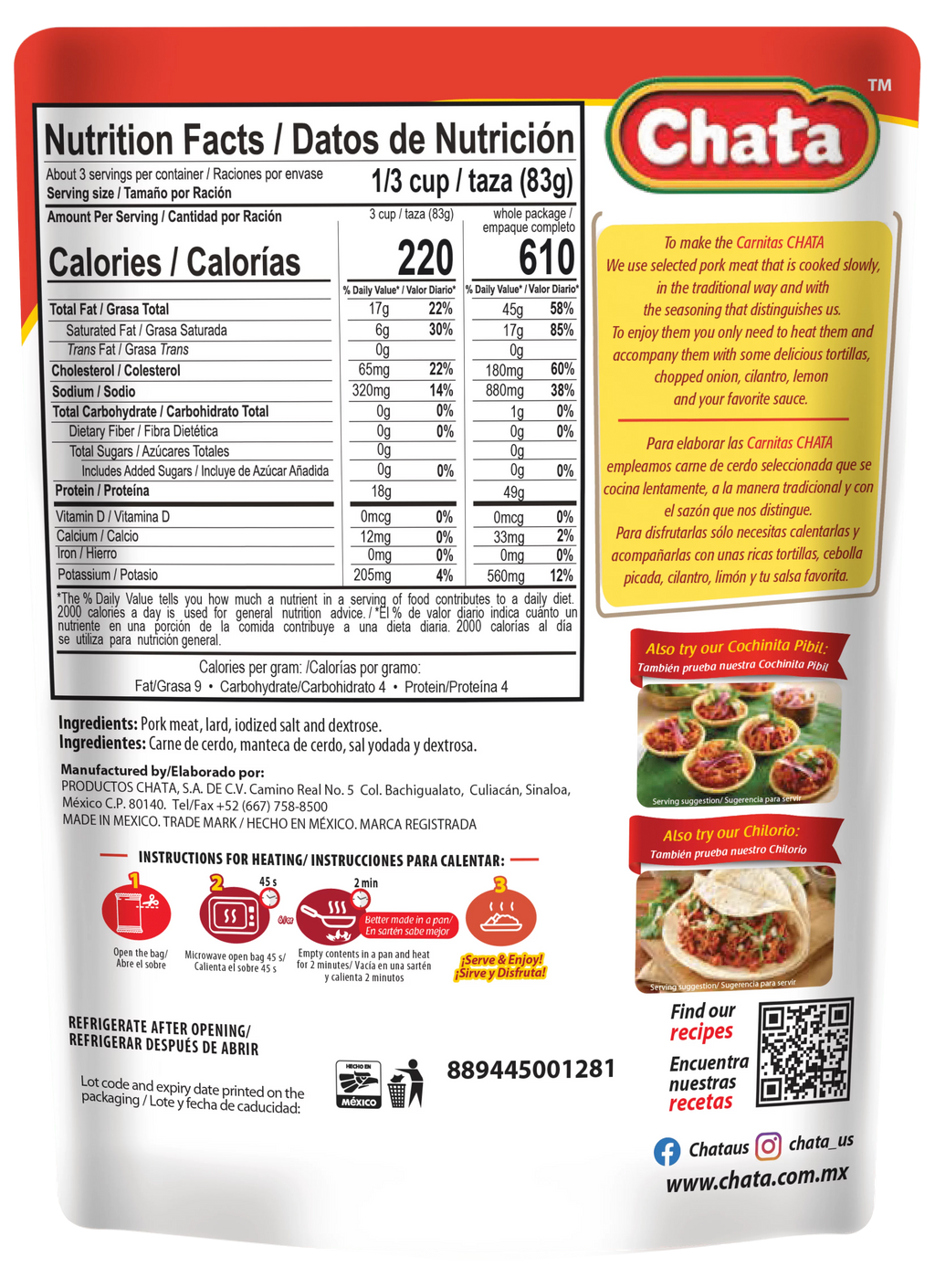 Pork Carnitas Pouch, 8 oz, Pack of 6 K880