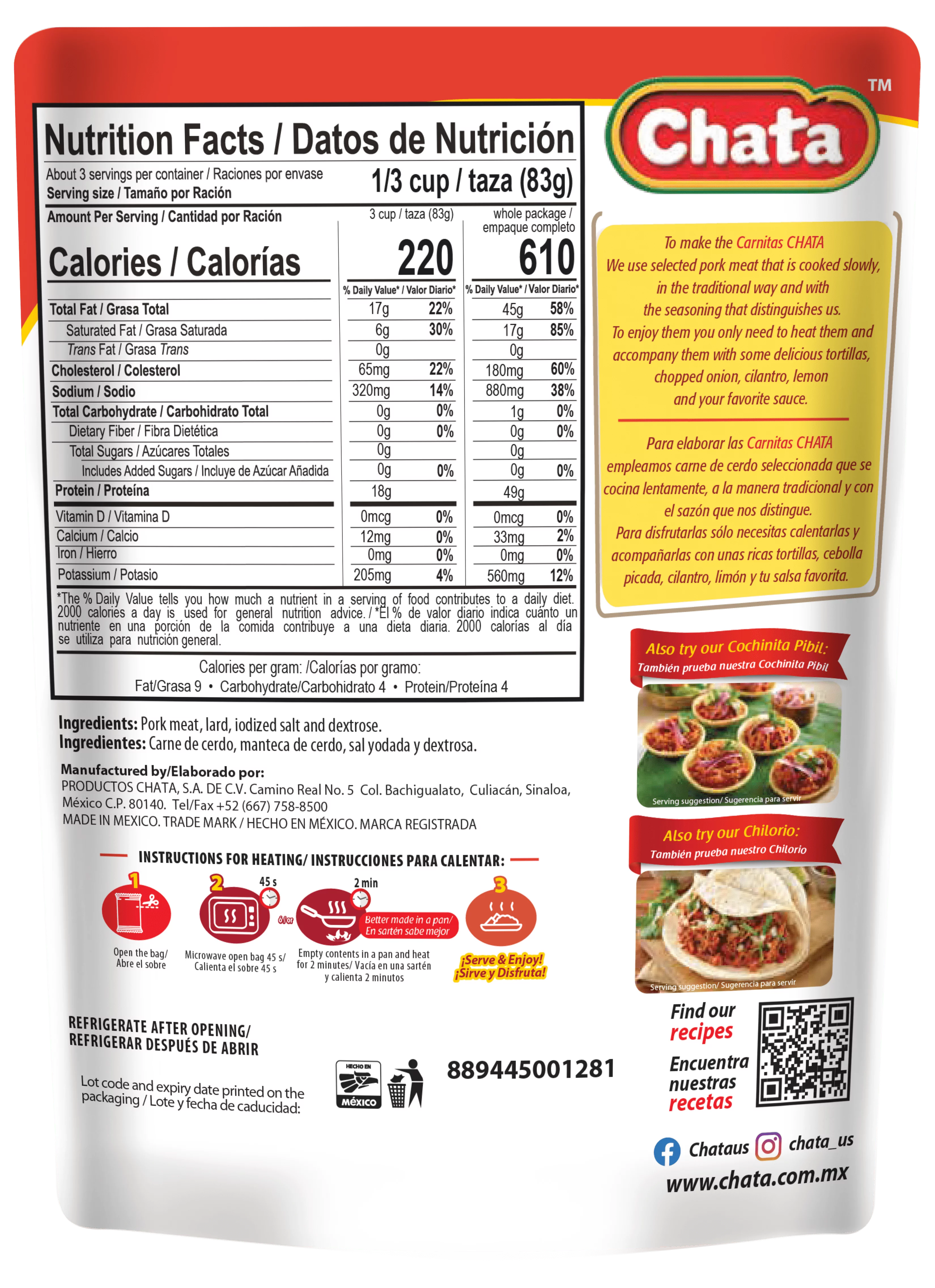 Pork Carnitas Pouch, 8 oz, Pack of 6 K880