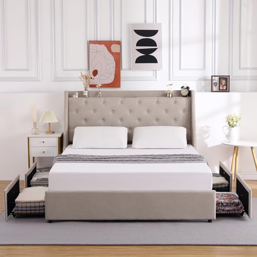 Full Size Upholstered Platform Bed with Button Tufted Storage Headboard and 4 Storage Drawers D33693