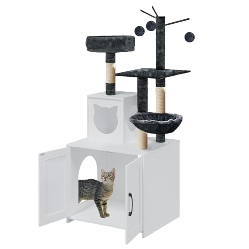 Grey Wood Cat Tree with Litter Box Enclosure A89987