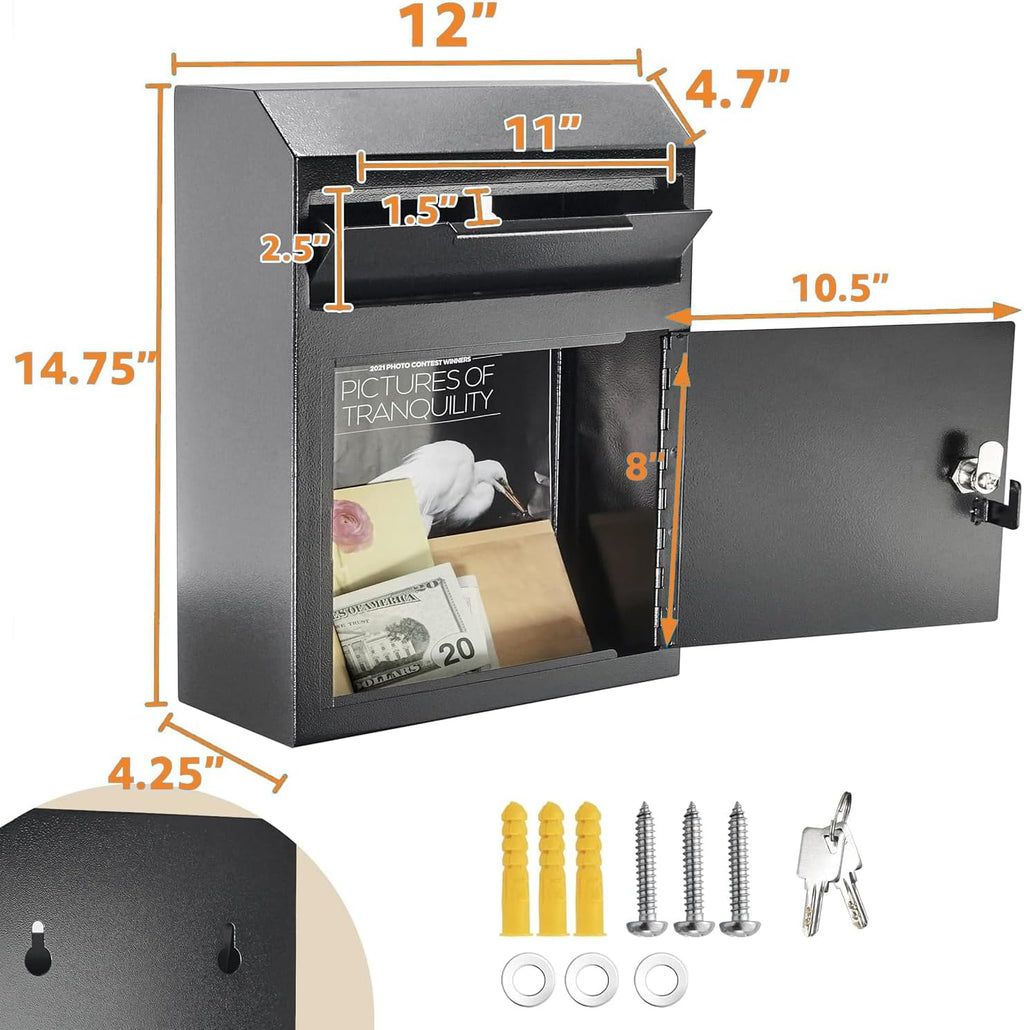 Extra Large Metal Wall Mount Locking Deposit Drop Box Safe (Black) J819