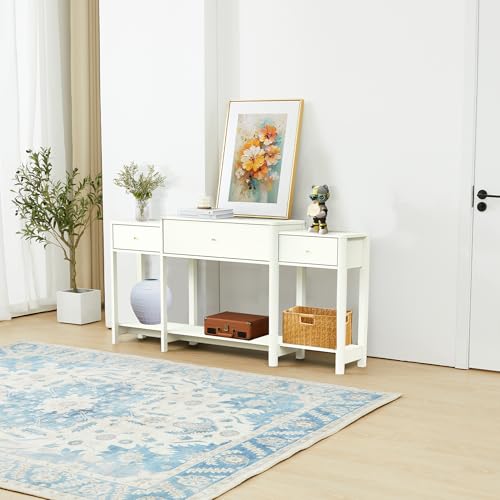 63" Console Table with Drawer, Marble Texture Top Sideboard with Open Bottom Shelf U354