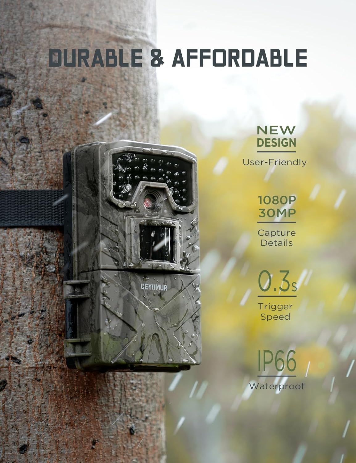 30MP 1080P Trail Camera with Low Glow IR LEDs Night Vision Motion Activated IP66 Waterproof E709