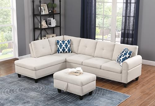 Blue 3 Piece Upholstered Pull Out Couch Bed with Storage Chaise N50819