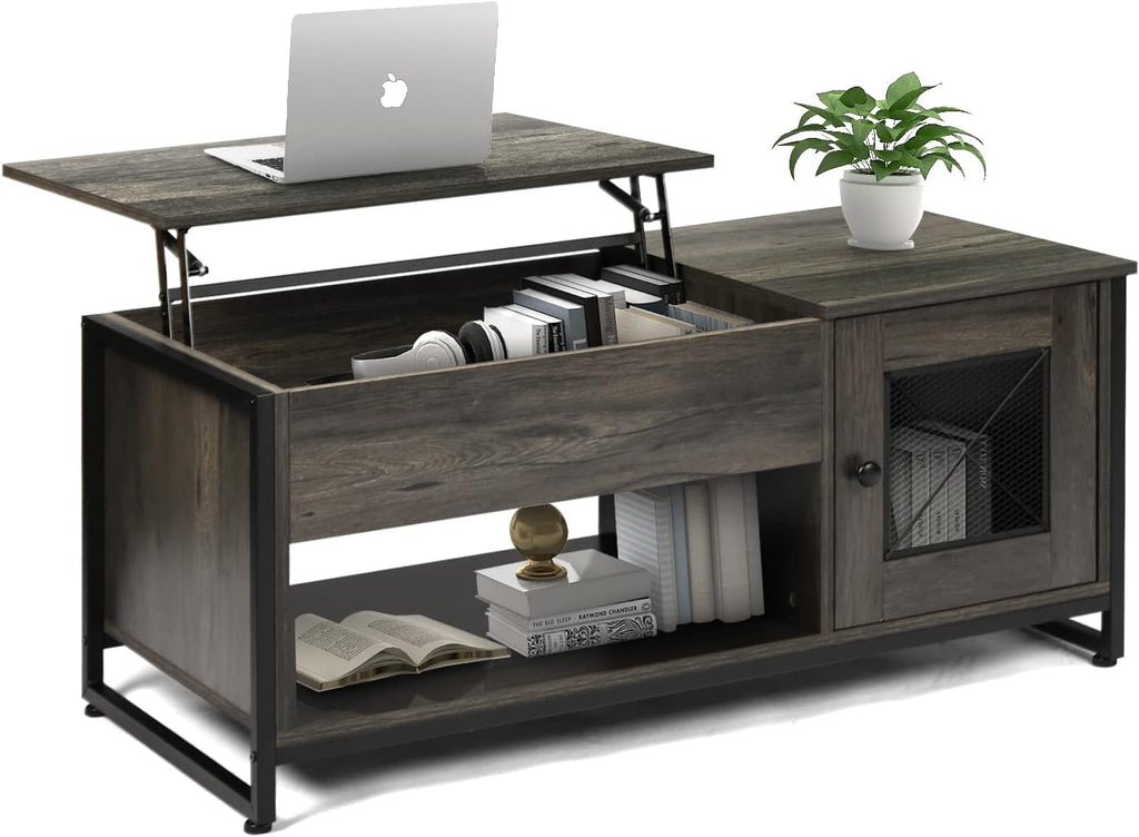 Industrial Lift Top Coffee Table with Metal Mesh Cabinet Door and Hidden Storage Compartment (Black Oak) F160311
