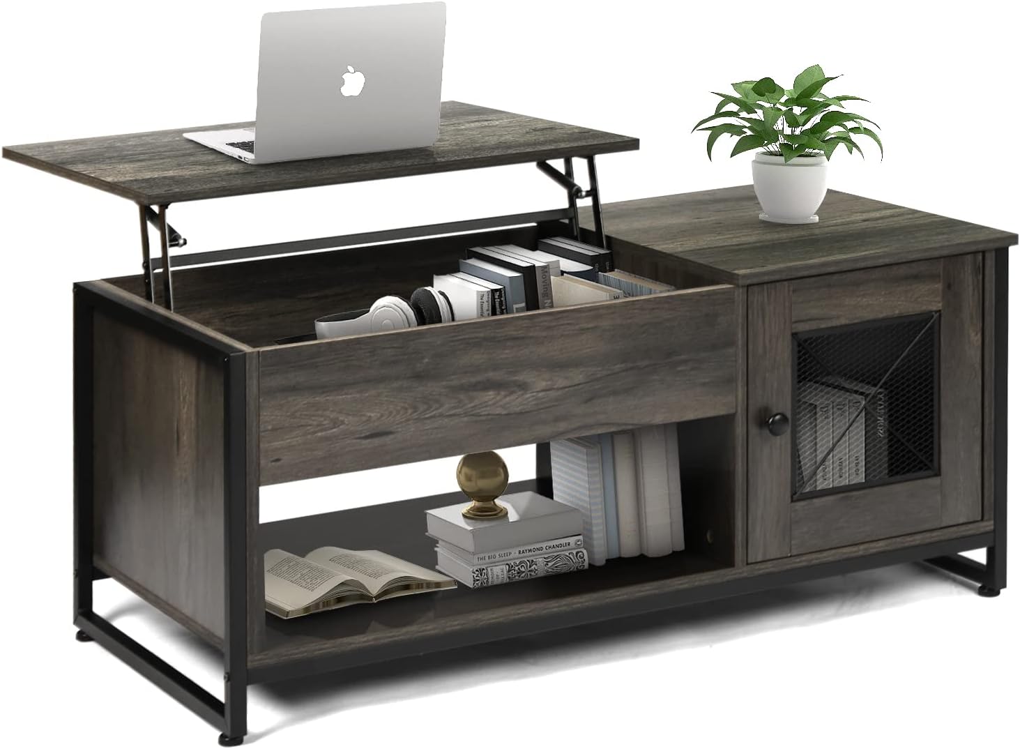 Industrial Lift Top Coffee Table with Metal Mesh Cabinet Door and Hidden Storage Compartment (Black Oak) F160311