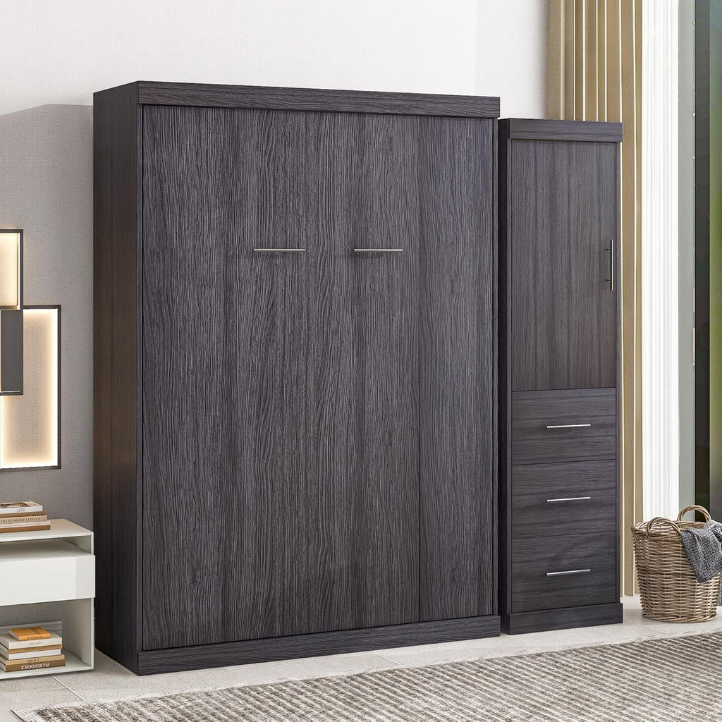 Gray Full Size Murphy Bed with Wardrobe and 3 Drawers T853257