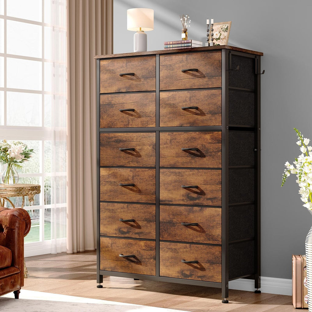 12 Drawer Tall Fabric Dresser Rustic Brown F733