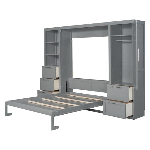 White Queen Size Murphy Bed with Closet and Drawers Y83470