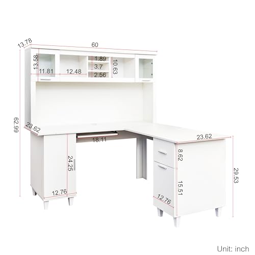 White Desk with Storage 2-Tier Open Shelves 1 Drawers and 1 Cabinet I7086