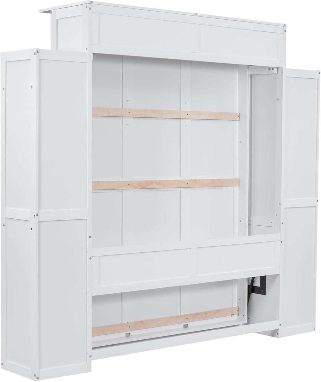White Queen Size Wooden Murphy Bed with Shelves and LED Lights Z360166
