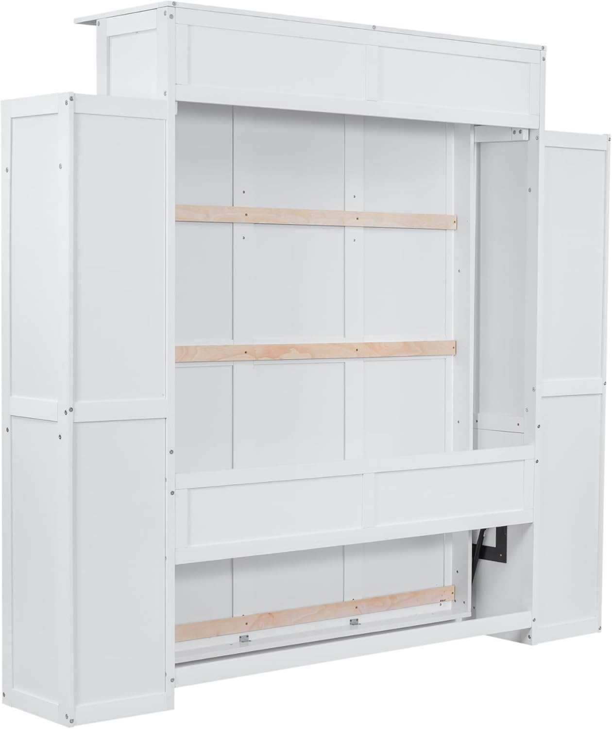 White Queen Size Wooden Murphy Bed with Shelves and LED Lights Z360166