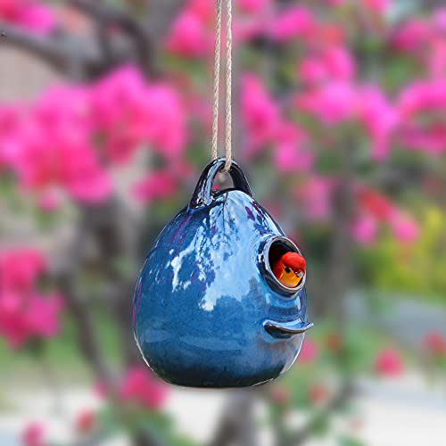 Blue Ceramic Hanging Birdhouse Q69598