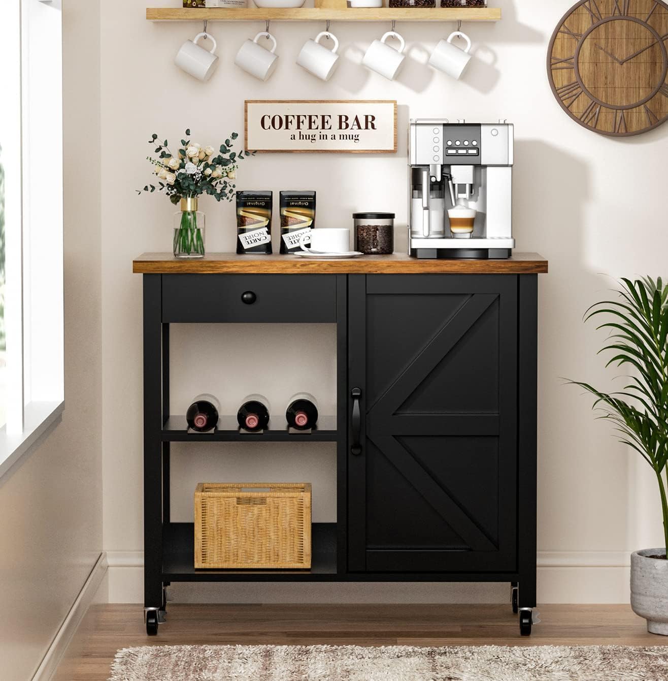 Black Wood Coffee Bar Cart with Storage Cabinet and Adjustable Shelves C3306