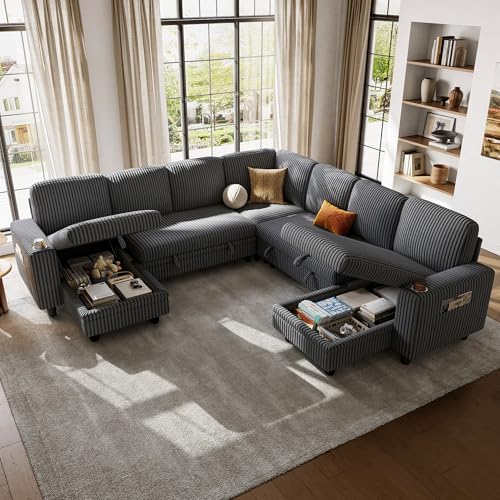 Grey Corduroy Sectional Sleeper Sofa with Pull Out Bed and Storage Chaise S505934