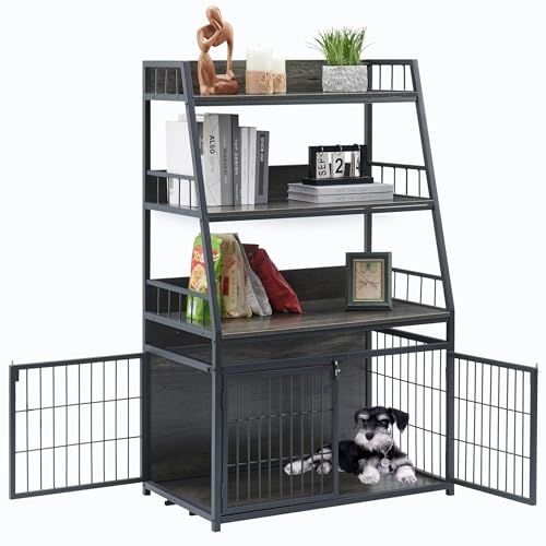 Heavy Duty Wooden Dog Crate with 3 Doors and 3-Layer Storage Shelves D45630