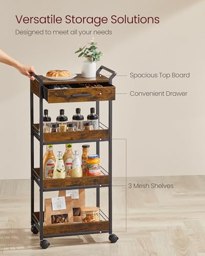 4-Tier Rolling Utility Cart with Table Top, Handles, Lockable Casters, Top Drawer, Mesh Shelves, Rustic Brown and Ink Black L185