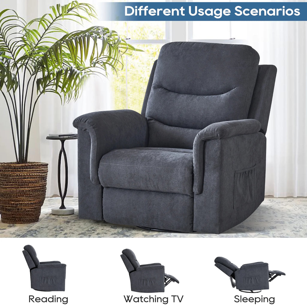 Grey Velvet Manual Swivel Rocker Recliner Chair E757
