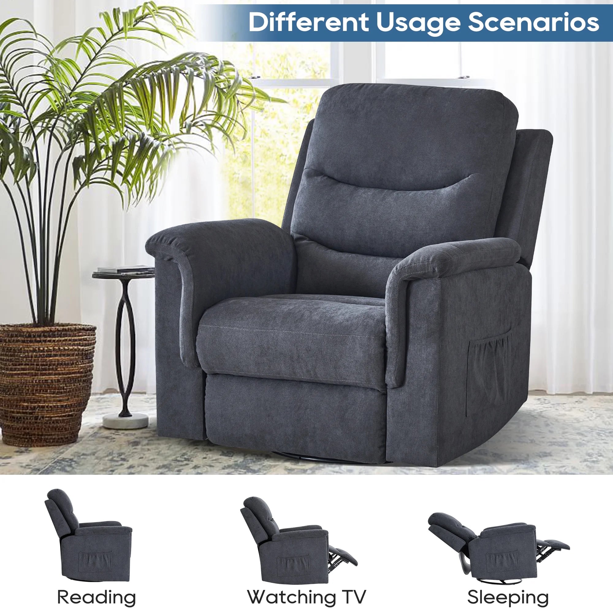 Grey Velvet Manual Swivel Rocker Recliner Chair E757