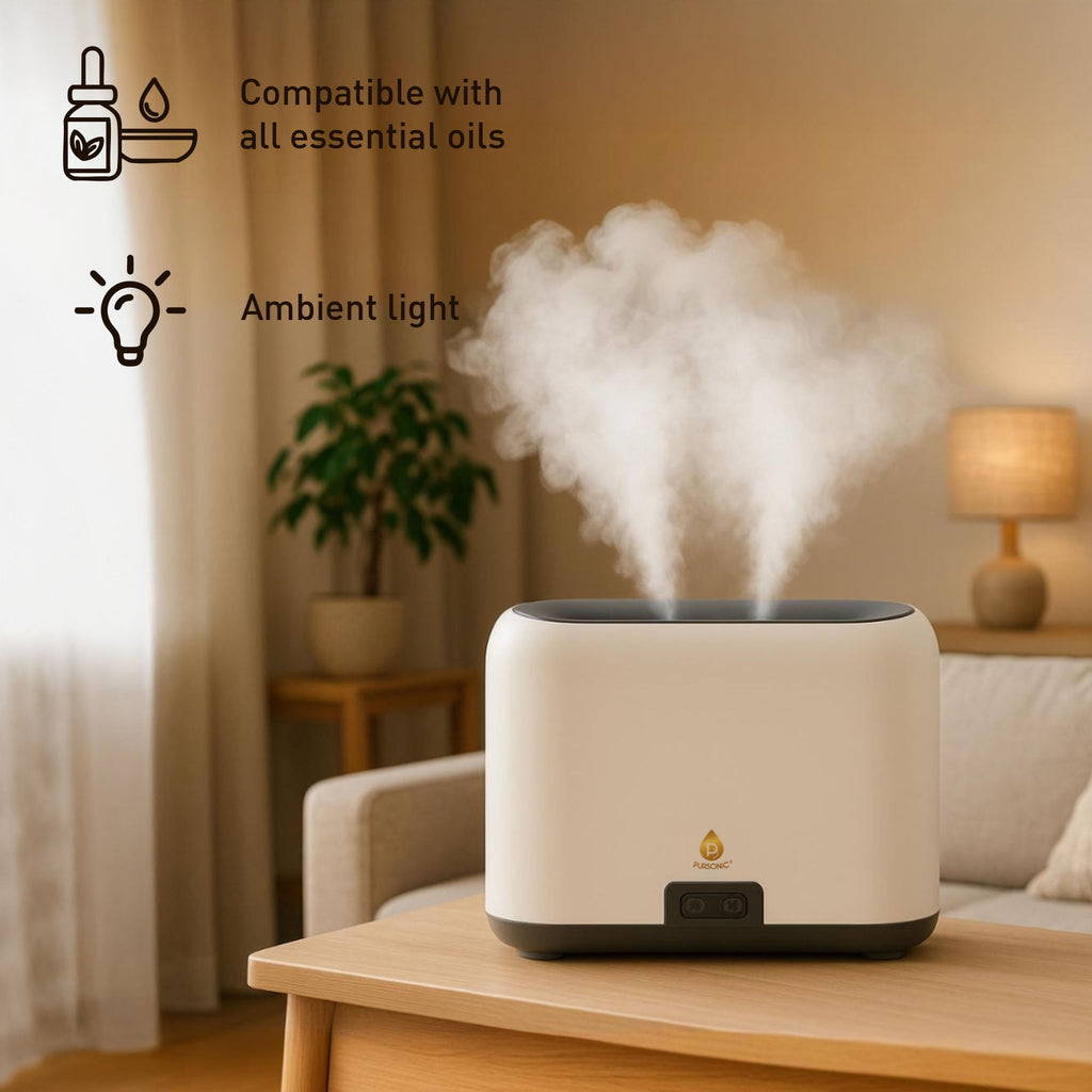 Pursonic FlameGlow Aromatherapy Diffuser & 6-Pack Essential Oils Wellness Bundle – Pure Relaxation with Light, Scent & Serenity