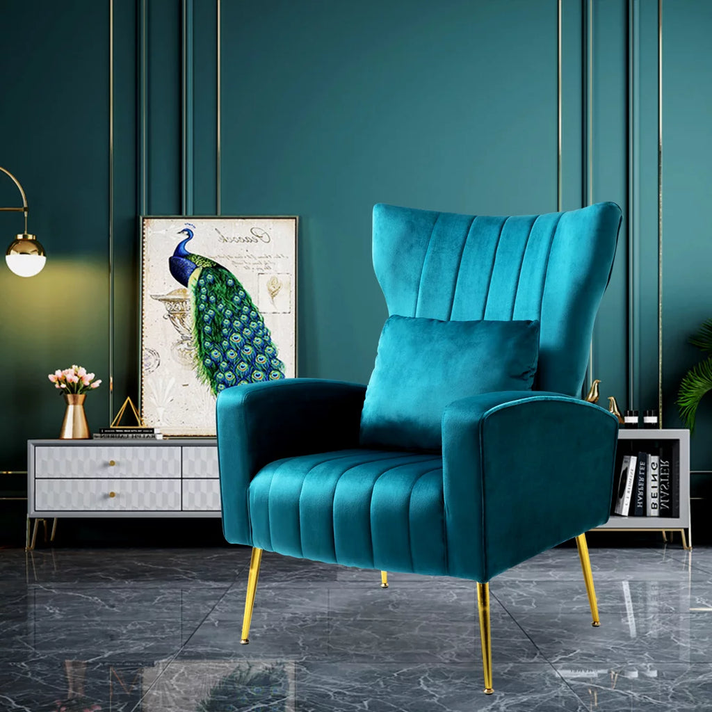 Blue Teal Velvet Accent Chair Set of 2 with Lumbar Pillow K6837