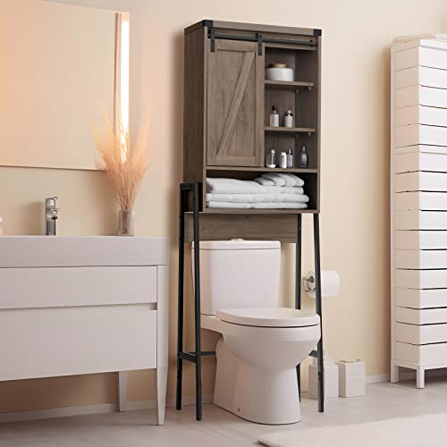 Brown Over Toilet Storage Cabinet with Adjustable Shelf Sliding Door S528168