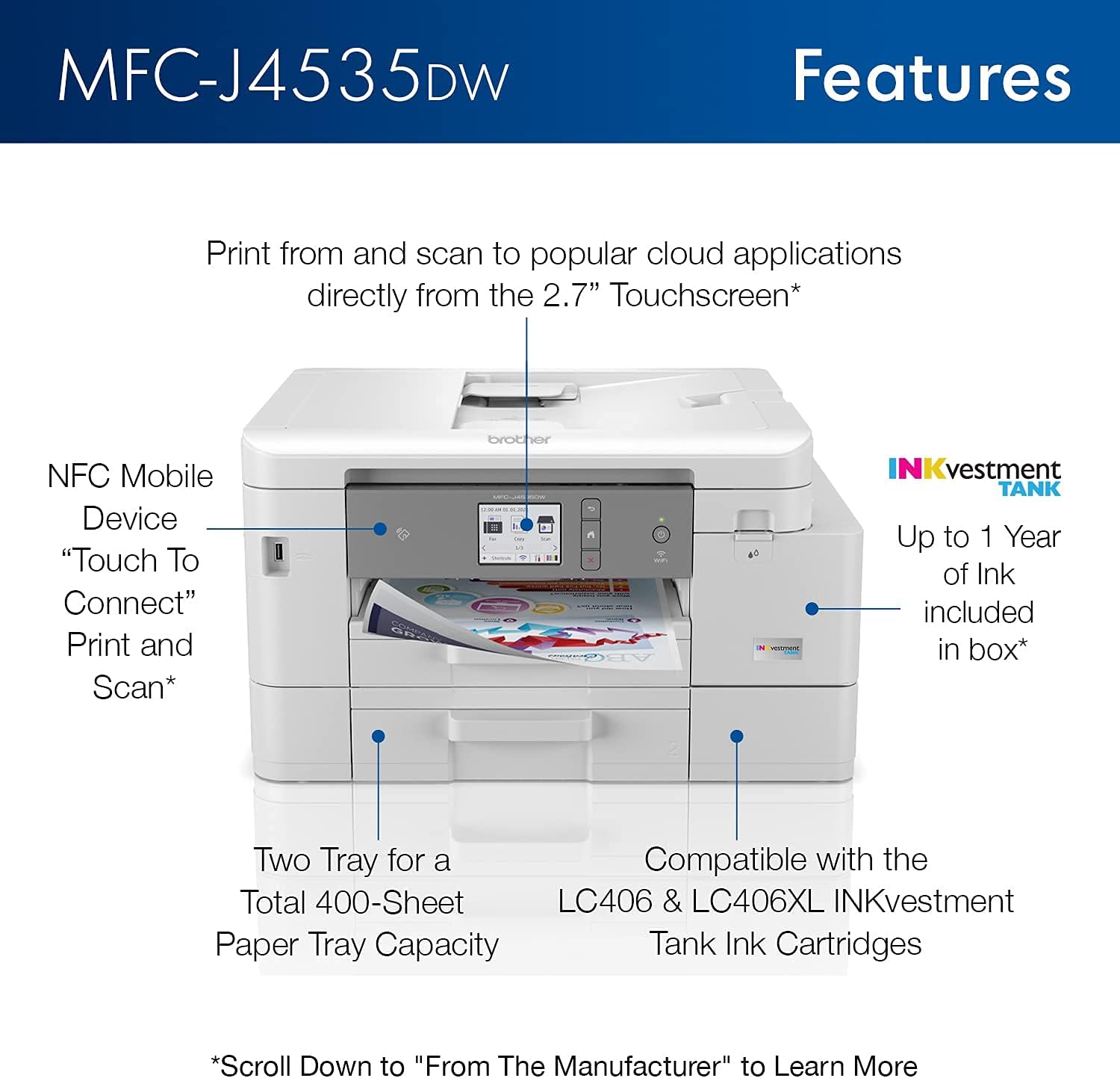 Color Inkjet Printer with NFC, Auto 2-Sided Printing, Print Scan Copy Fax, Wireless, White G883817