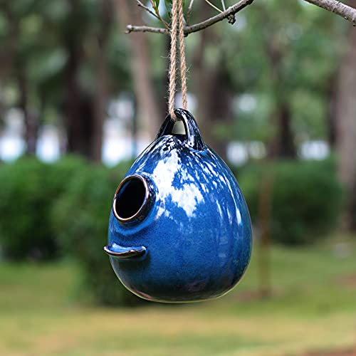 Blue Ceramic Hanging Birdhouse Q69598
