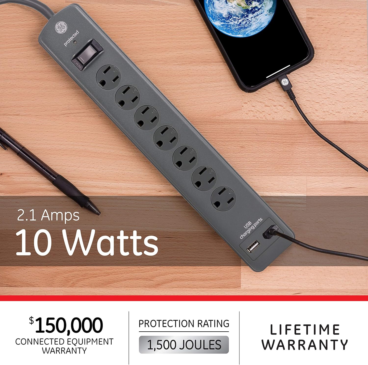7 Outlet Surge Protector Power Strip with 2 USB Ports T2794