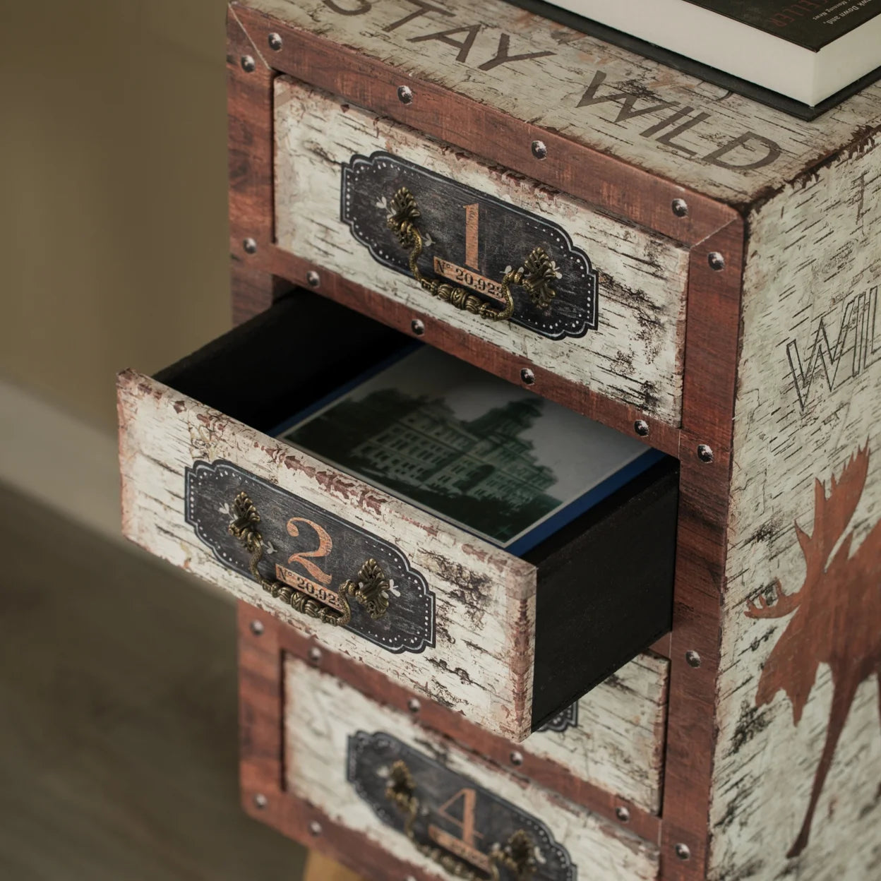 Antique Rustic Brown Wood Tallboy Chest with 4 Drawers P9862
