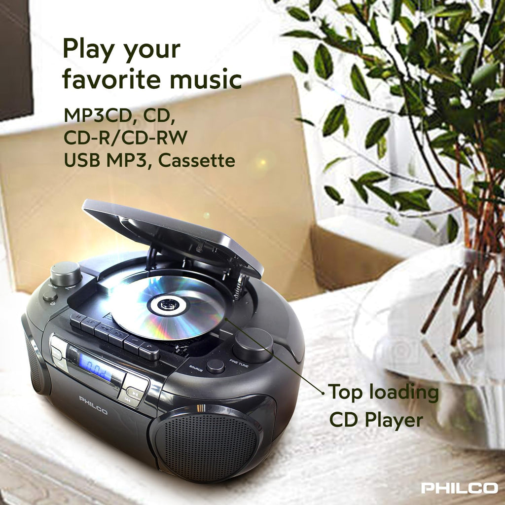 Bluetooth CD Boombox with Cassette, MP3 CD USB Playback, 12 watts J8293