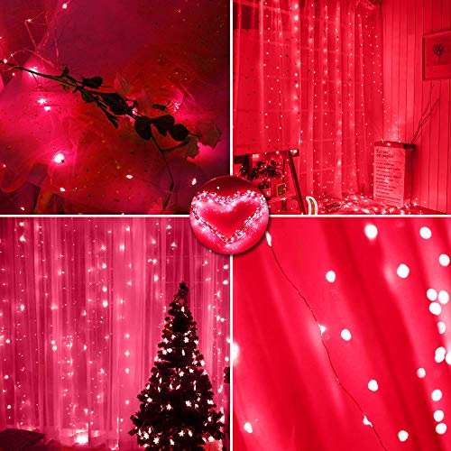 300 LED Curtain Christmas String Lights with Remote Control USB Power 8 Lighting Modes Red Lights 9.8ft x 9.8ft E59841
